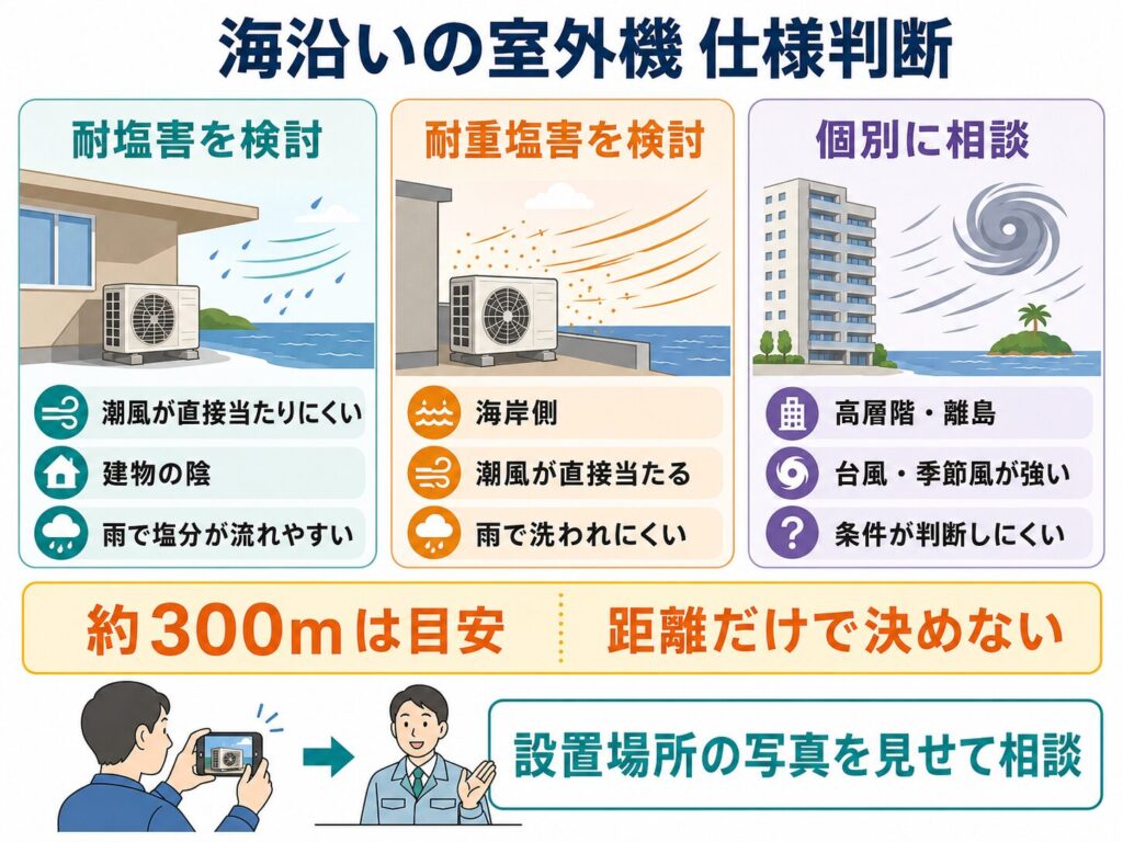 耐塩害仕様と耐重塩害仕様を潮風や設置環境から判断するインフォグラフィック