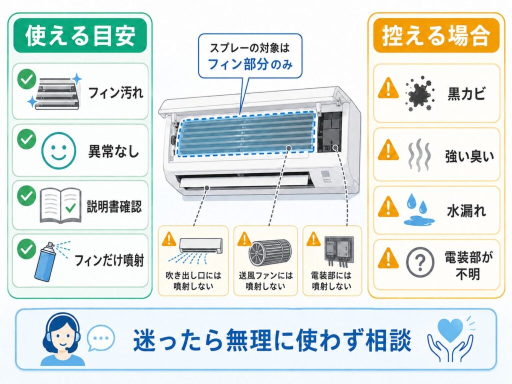 エアコン洗浄スプレーを使ってよいケースと控えるべきケースを整理した判断図