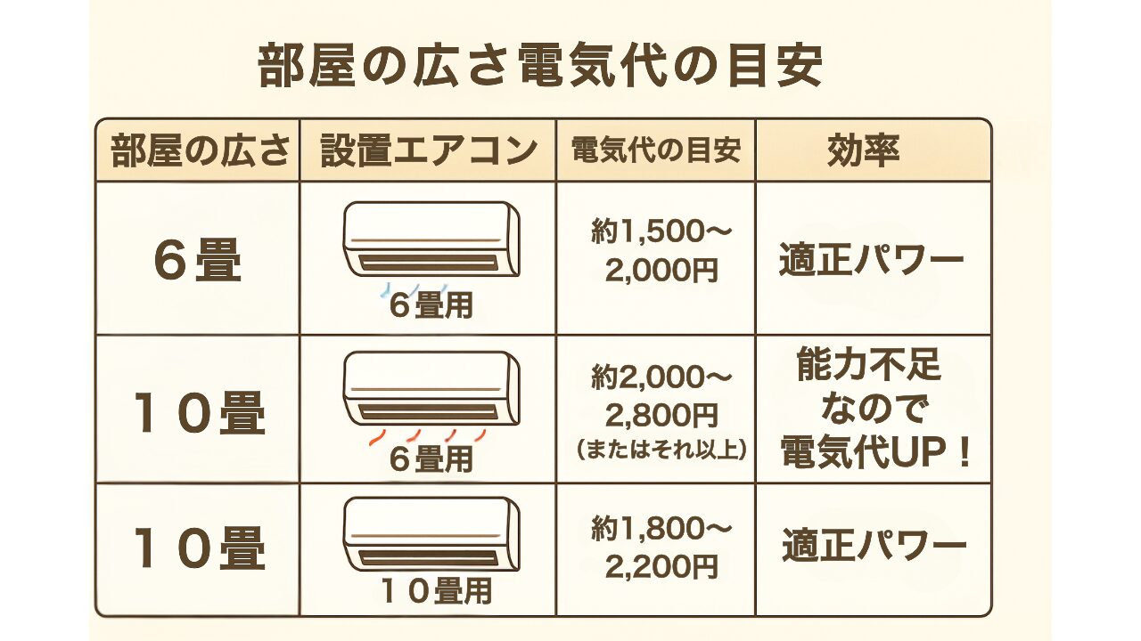 部屋の広さと設置エアコンによる電気代と効率の目安比較