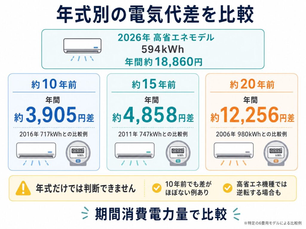 10年前・15年前・20年前のエアコンと2026年高省エネモデルの年間電気代差を比較したインフォグラフィック