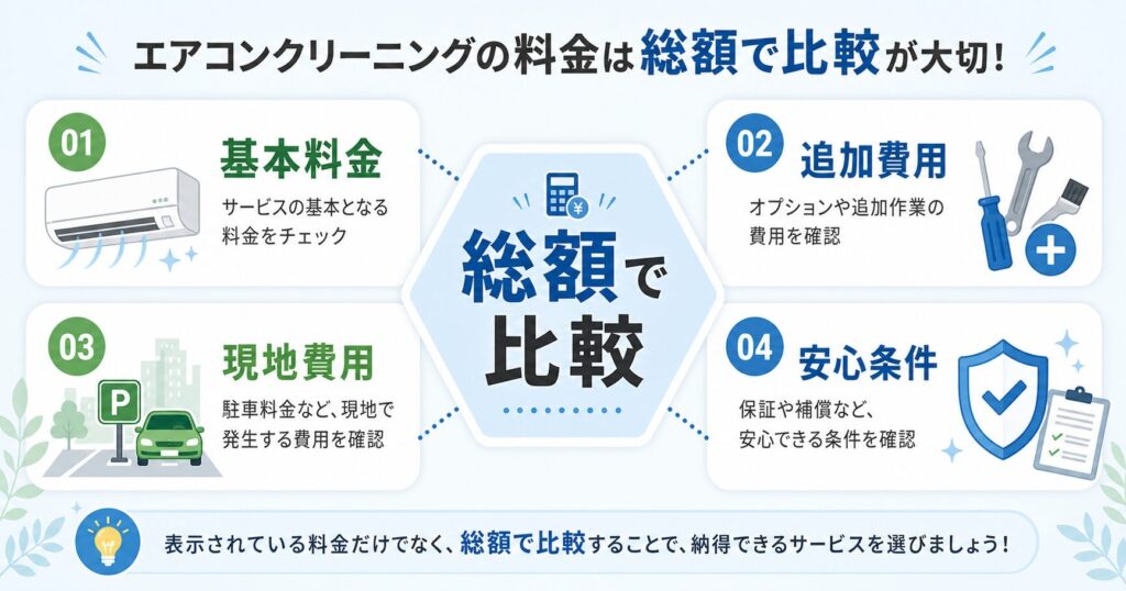 エアコンクリーニング料金を基本料金・追加費用・現地費用・安心条件で総額比較するインフォグラフィック